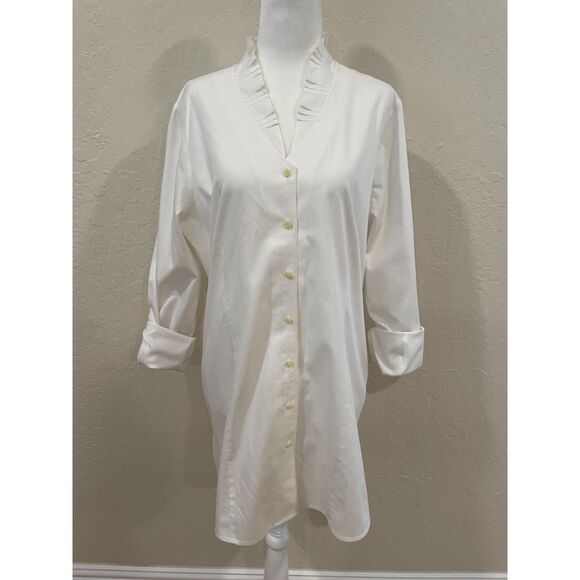 ~ Coldwater Creek L 14 Blouse White No Iron Lg Shirt Button Pleated V-neck Tunic - Picture 4 of 8
